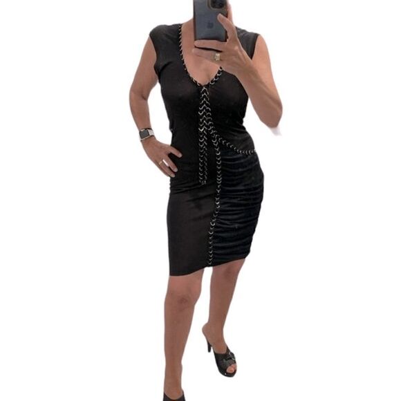 Sachin + Babi For Ankasa Black V Neck Chains Details Ruched Dress.Size S